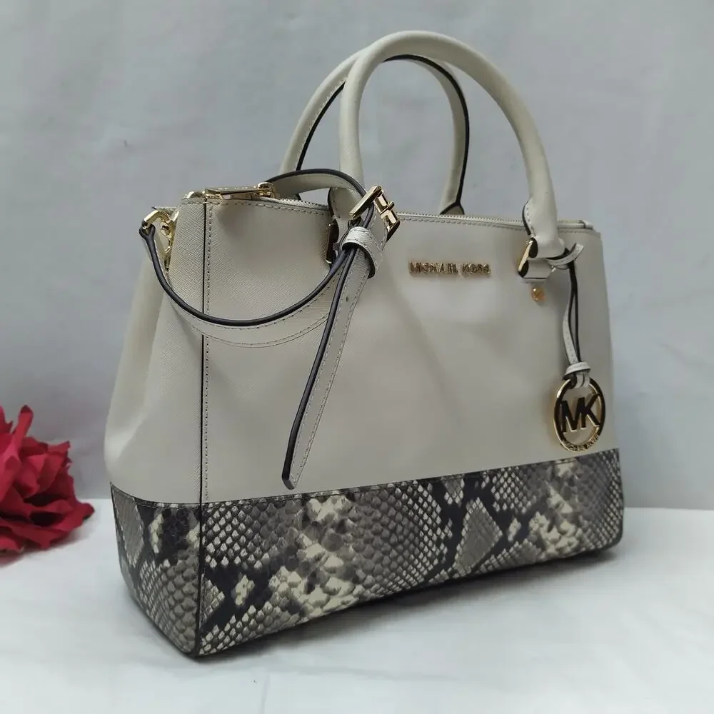 Michael Kors White Leather Snakeskin Embossed Detail Carryall Satchel Bag